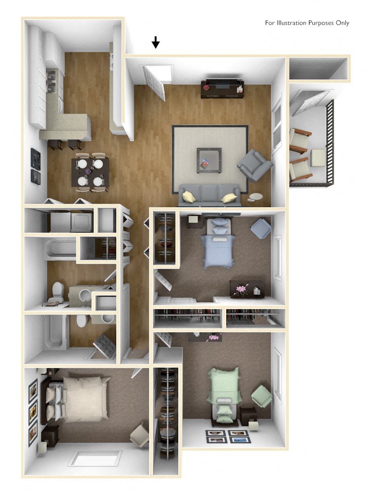 Floor plan for 3 beds, 2 baths, 1200 sqft
